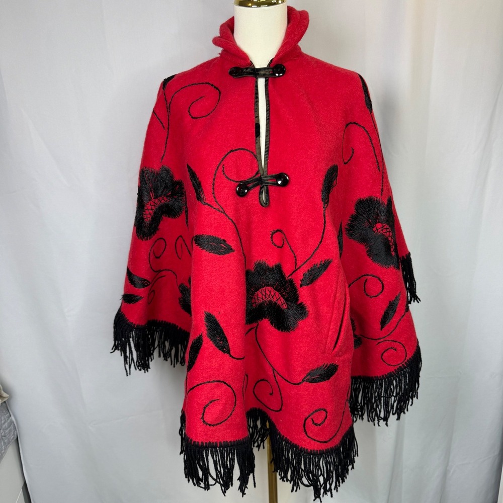 Vintage Red Wool Blend Floral Embroidered Fringe Poncho Cape Toggle Closure